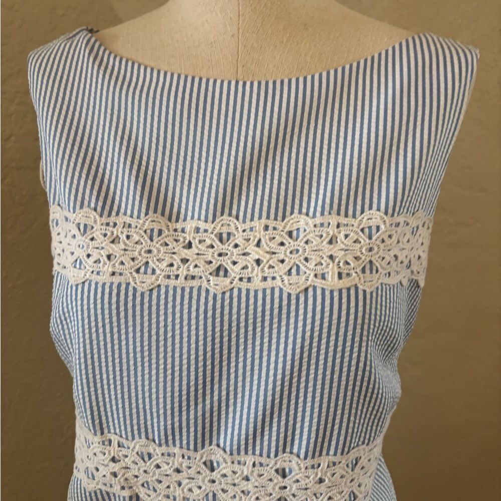 London Times Blue and White Striped Dress with Lace Accents Sz 14 - Picture 3 of 6